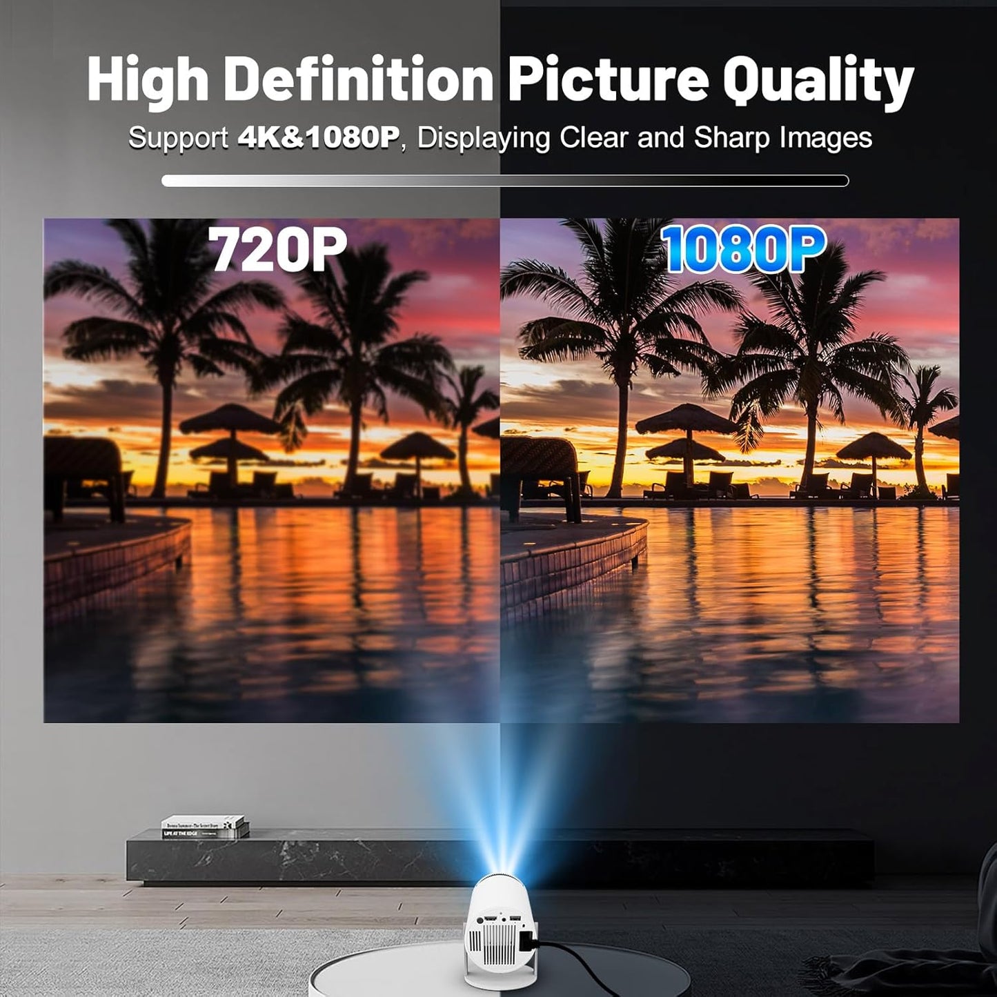 Portable Mini Projector, 4K 1080P Full HD Projector, Support Video Projector, WiFi 5G BT 5.0, Cinema Projector 180° Can Be Rotated, Android 11, Compatible with TV Stick/Windows/iOS/Android (White)