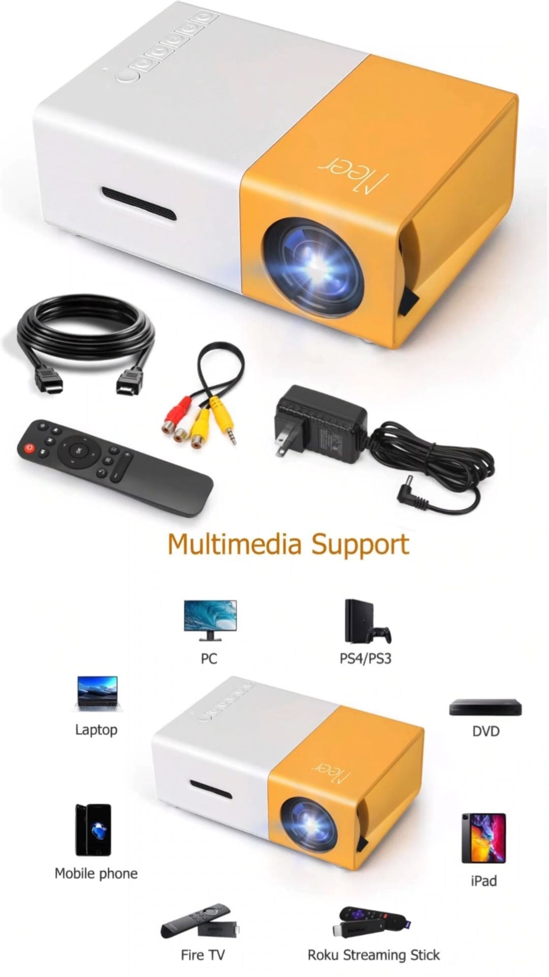 Portable Mini Projector Yellow | Full HD 1080P Support | LED Home Theater | HDMI USB AV Compatible