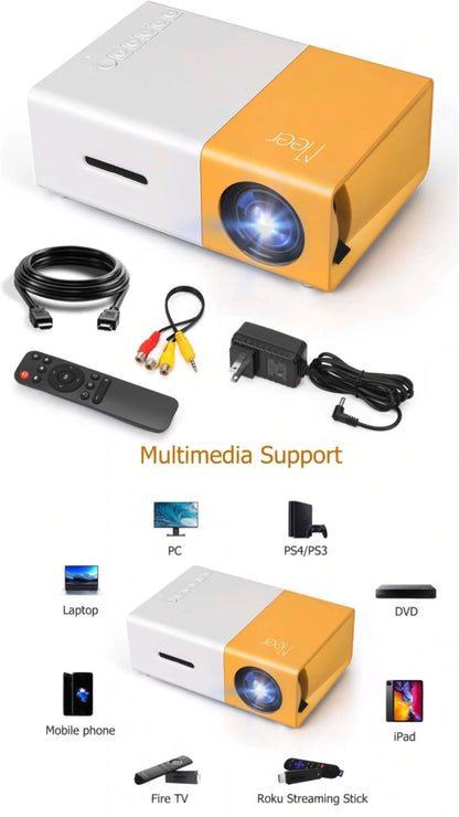 Portable Mini Projector Yellow | Full HD 1080P Support | LED Home Theater | HDMI USB AV Compatible
