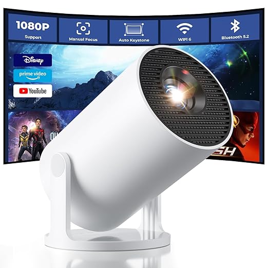 Portable Mini Projector, 4K 1080P Full HD Projector, Support Video Projector, WiFi 5G BT 5.0, Cinema Projector 180° Can Be Rotated, Android 11, Compatible with TV Stick/Windows/iOS/Android (White)