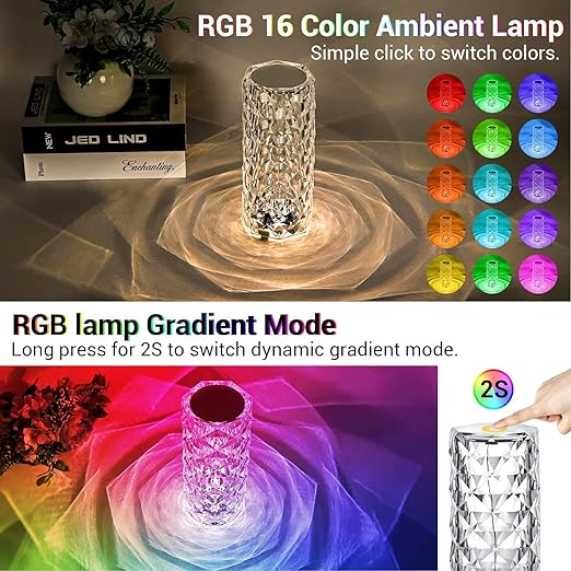 Rose Crystal Diamond LED Table Lamp | 16 Color Changing Touch Bedside Night Light with Remote | USB Rechargeable Decorative Lamp for Bedroom, Living Room, Party & Dinner Decor (Pack of 1)